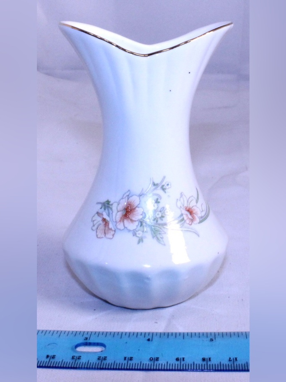 Vintage White Fluted Porcelain Floral Bud Vase Gold Trim